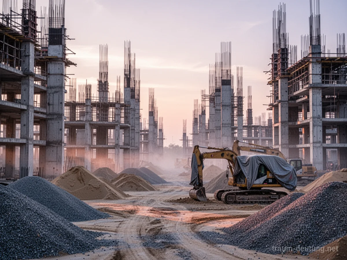 Traumdeutung Baustelle: Eine weitläufige, unfertige Baustelle im Morgengrauen mit hohen Betonstrukturen und aufkeimendem Sonnenlicht.