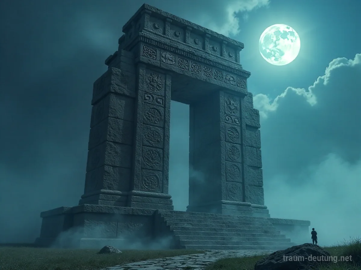 Traumsymbol Bauwerk: Eine monumentale, uralte Steinarchitektur mit mystischen Gravuren erhebt sich in einer nebelverhangenen Landschaft im Mondlicht.