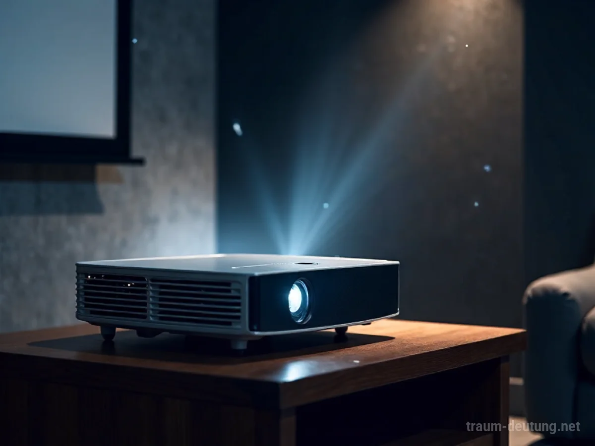 Traumdeutung Beamer: Ein moderner Beamer projiziert einen hellen Lichtstrahl in einem dunklen Heimkino auf eine Wand.