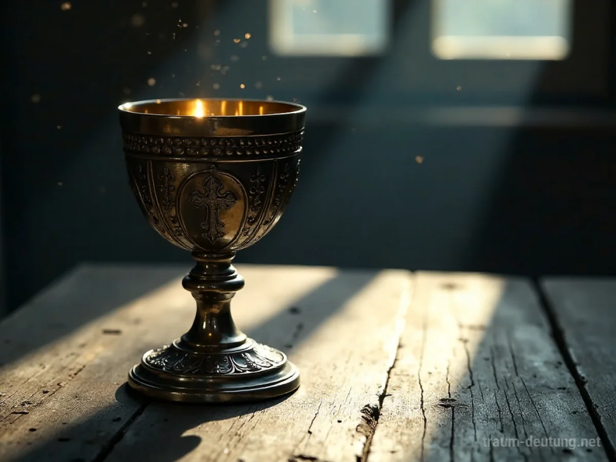 Traumdeutung Becher: Ein alter, verzierter Silberkelch steht auf einem dunklen Holztisch, gefüllt mit schimmernder goldener Flüssigkeit, beleuchtet von Mondlicht.