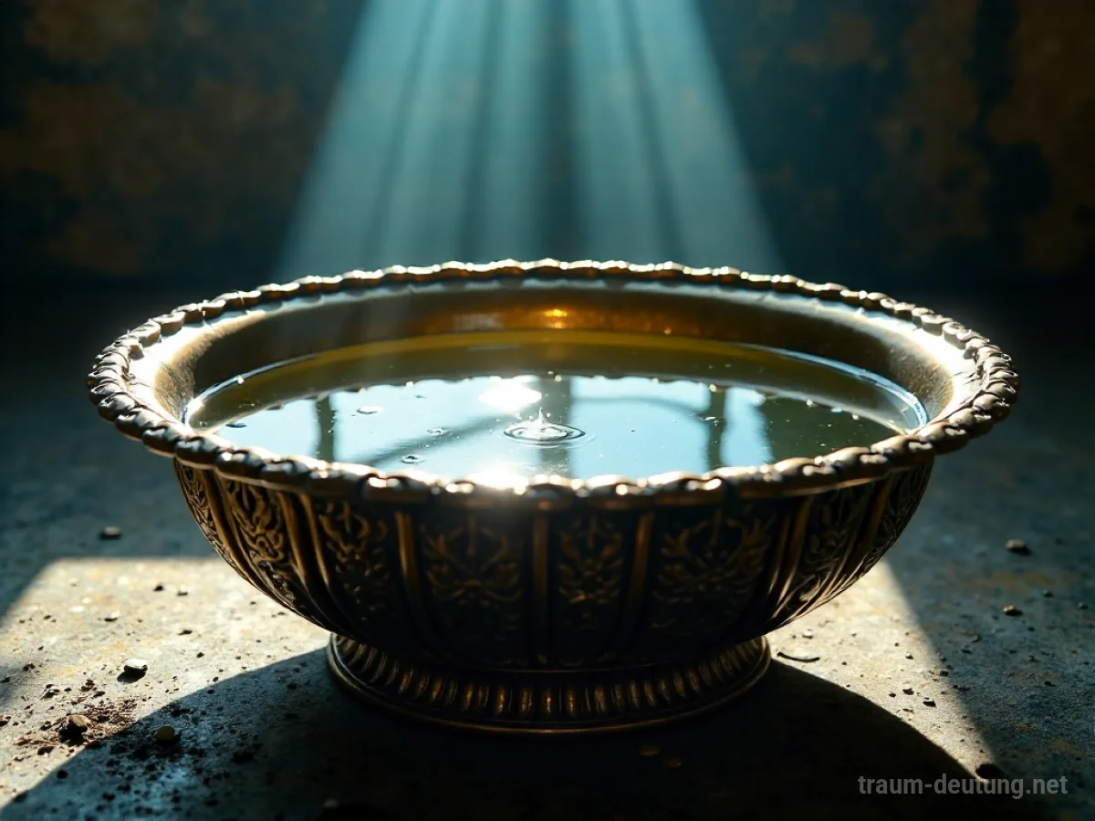 Traumsymbol Becken: Ein antiker, verzierter Bronzebecken gefüllt mit klarem Wasser, beleuchtet von sanftem Mondlicht in einer dunklen Kammer.