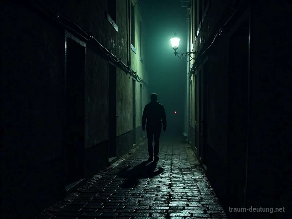 Traumdeutung Bedrohung: Eine dunkle, schemenhafte Gestalt ragt in einer engen, bedrohlichen Gasse auf, beleuchtet von einem flackernden Laternenlicht.