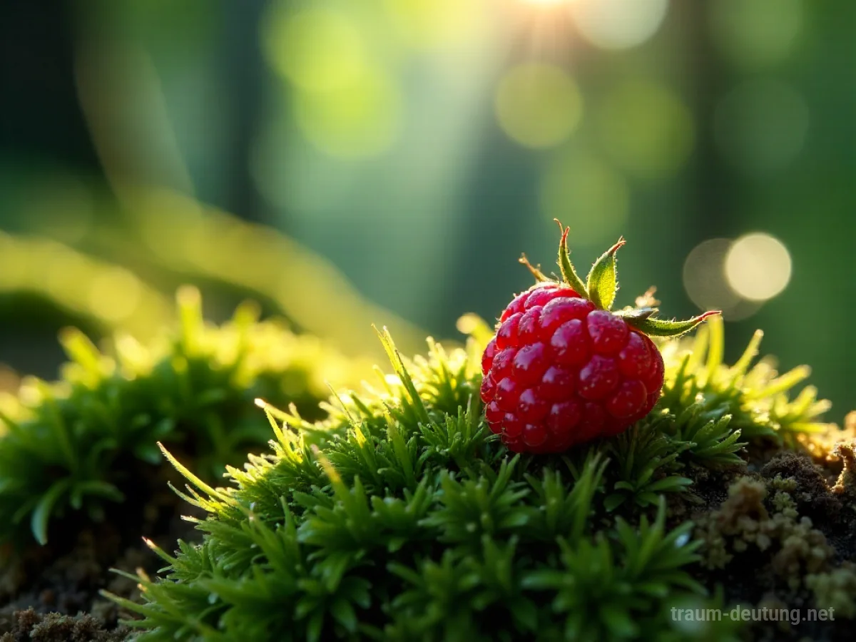 Traumsymbol Beere: Eine einzelne, saftige Himbeere liegt auf moosbedecktem Waldboden im diffusen Sonnenlicht.