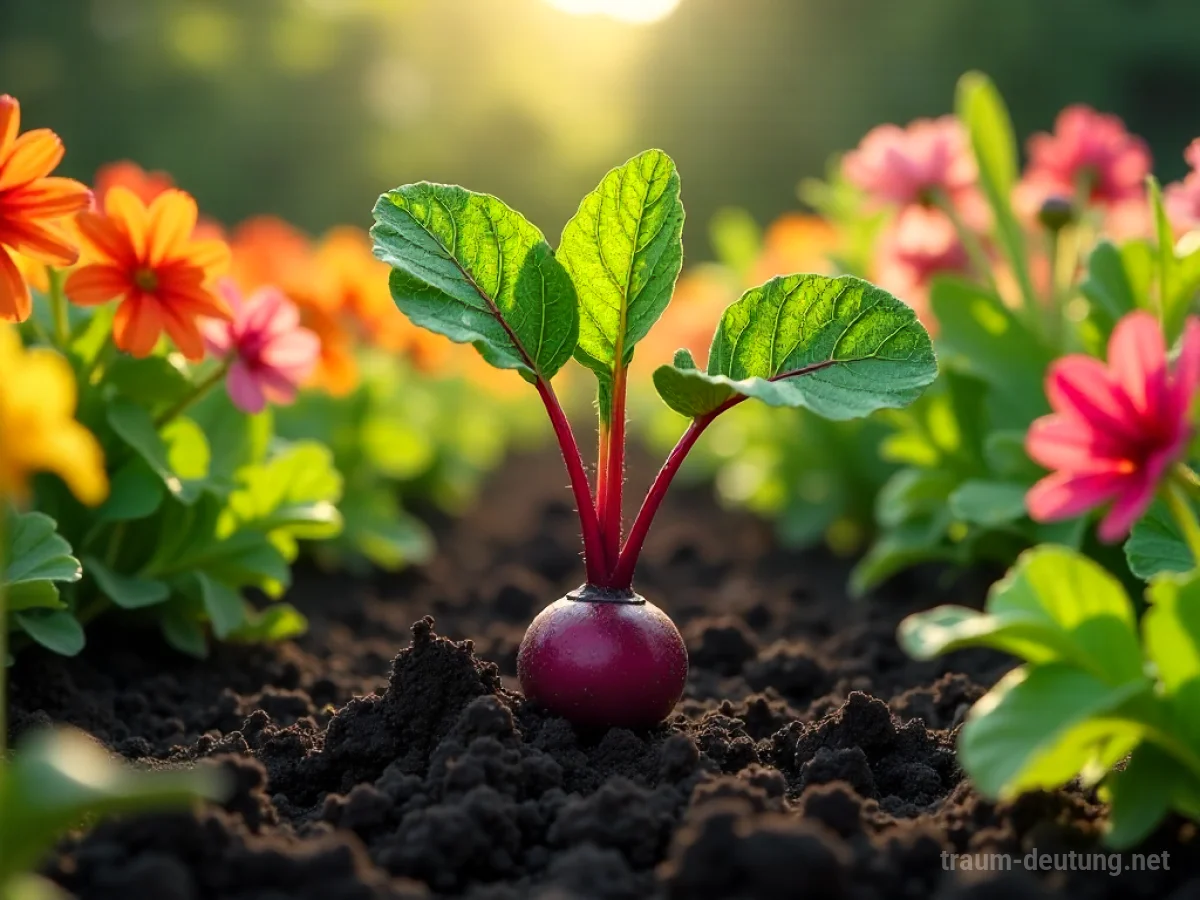Traumsymbol Beet: Ein üppiges Gartenbeet mit leuchtenden Blumen und dunkler Erde, durch das Sonnenlicht fällt und eine einzelne Rote-Bete-Pflanze hervorhebt.