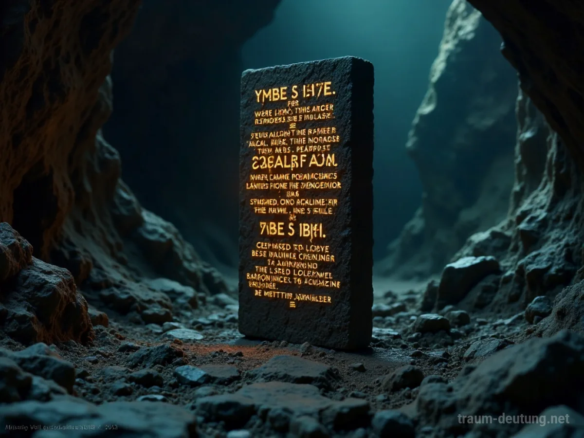 Traumsymbol Befehl: Eine antike Steintafel mit leuchtenden Runen steht in einer dunklen Höhle und strahlt eine geheimnisvolle Autorität aus.