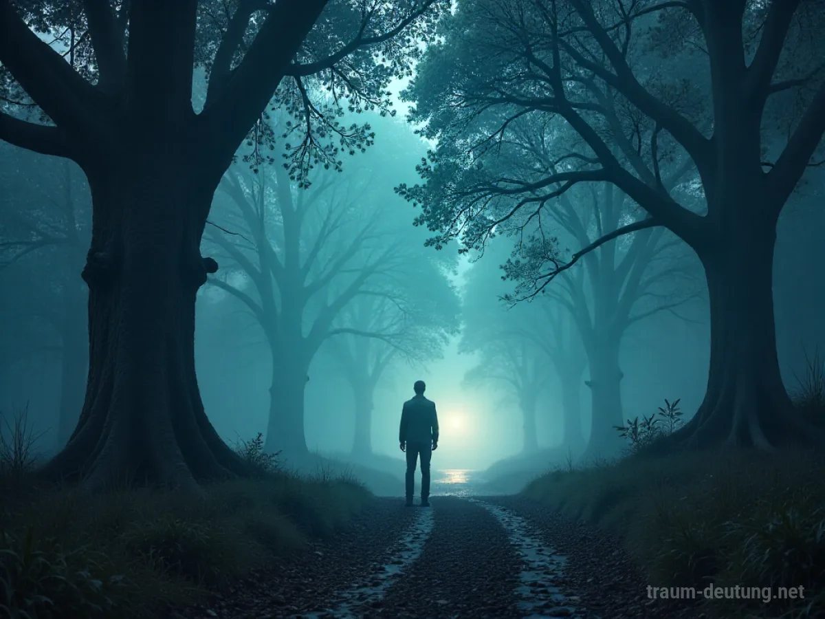 Traumsymbol Begegnung: Eine einsame Gestalt steht an einer Weggabelung in einem nebligen Wald bei Dämmerung, ein Pfad führt tiefer in die Unbekanntheit.