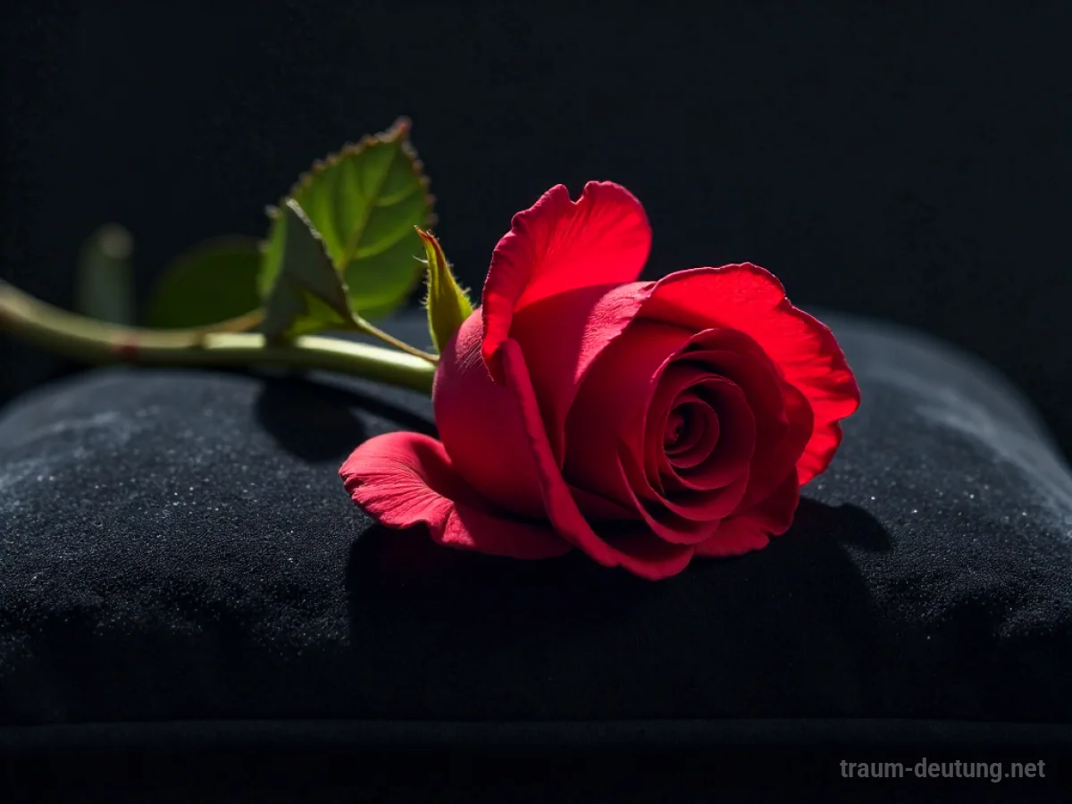 Traumsymbol Begehren: Eine einzelne, leuchtend rote Rose entfaltet sich sanft auf einem dunklen Samtkissen, beleuchtet von subtilem Mondlicht.