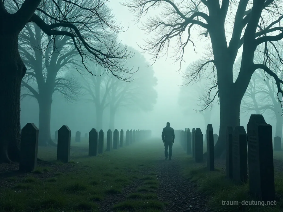 Traumsymbol Begräbnis: Eine neblige Beerdigungsprozession bewegt sich durch einen alten Friedhof mit verwitterten Grabsteinen und knorrigen Bäumen.