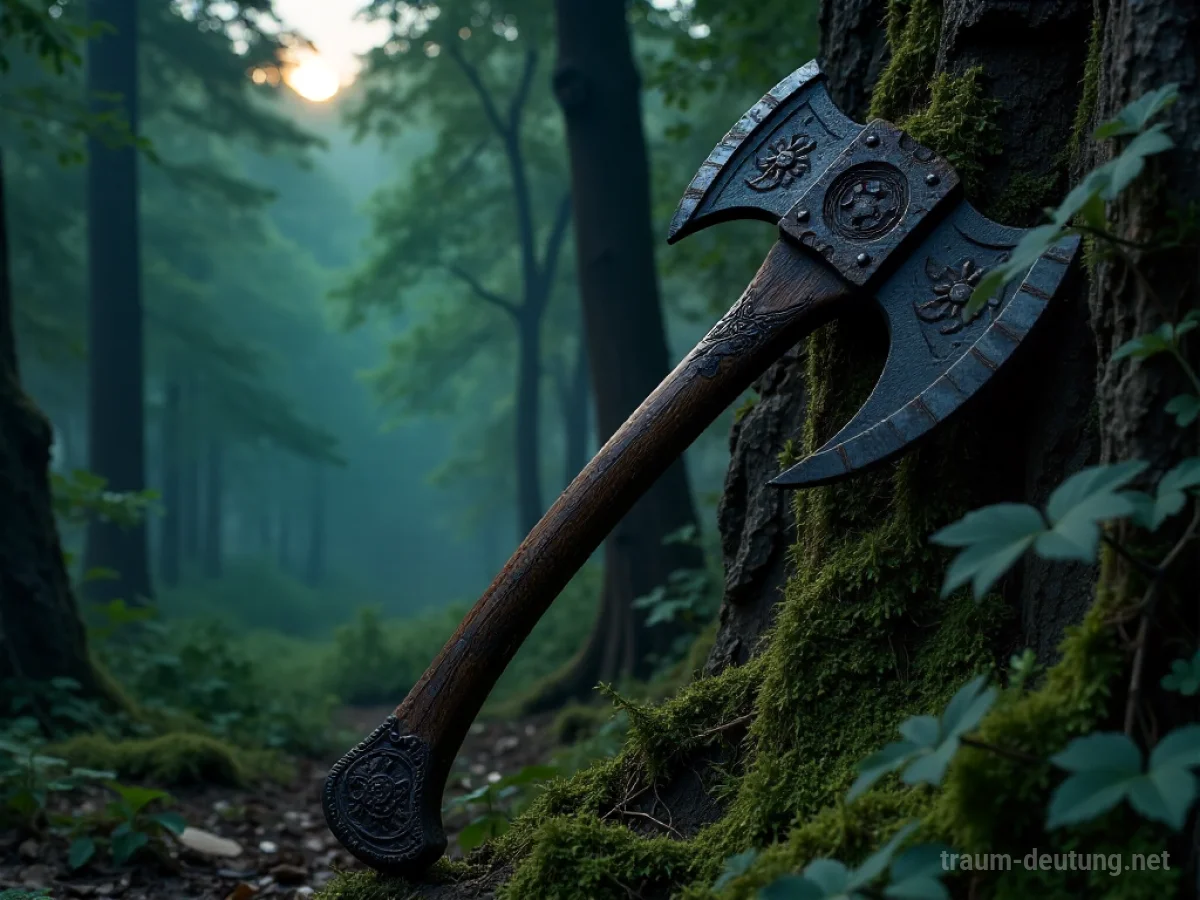Traumsymbol Beil: Eine alte Streitaxt mit dunklem Holzgriff lehnt an einer moosbewachsenen Steinwand in einem unheimlichen Wald bei Mondlicht.