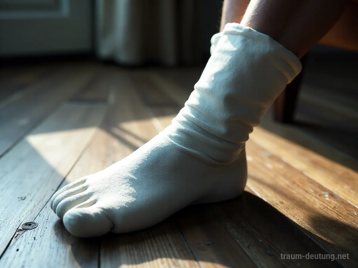 Traumdeutung Beinbruch: Ein Bein im Gips ruht auf einem dunklen Holzboden, beleuchtet von sanftem Tageslicht, das Ruhe und Einschränkung signalisiert.