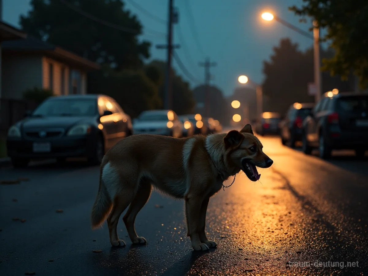 Traumsymbol Bellen: Ein verängstigter Hund steht allein in einer dunklen, regennassen Straße und scheint lautlos zu bellen, umgeben von langen Schatten und gedämpftem Licht.