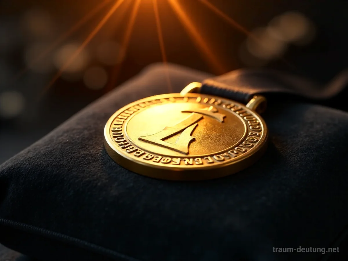 Traumsymbol Belohnung: Eine leuchtende goldene Medaille liegt auf einem dunklen Samtkissen, umgeben von warmem, diffusem Licht.