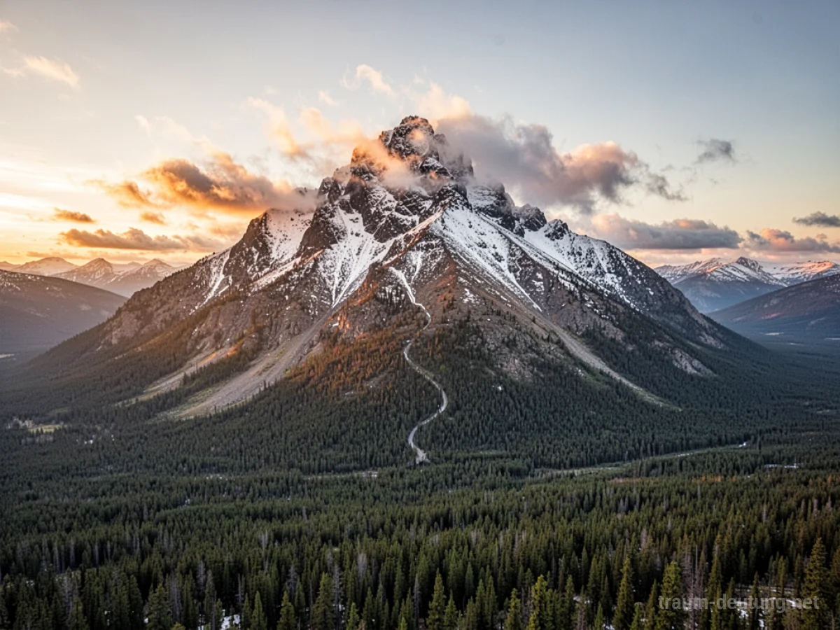Traumsymbol Berg: Ein majestätischer, schneebedeckter Berggipfel im warmen Licht der untergehenden Sonne, mit Wolken und einem schmalen Pfad.