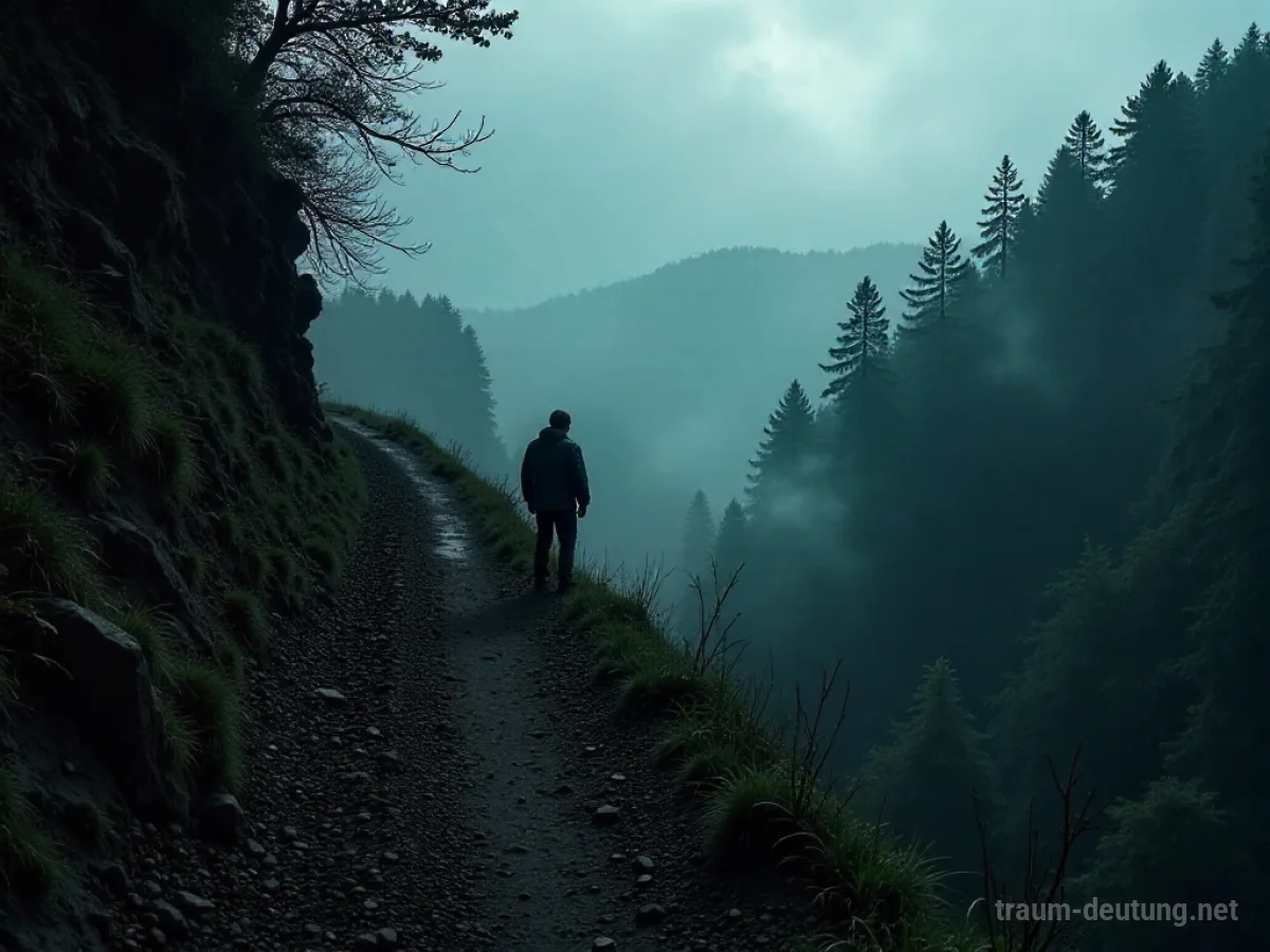 Traumsymbol Bergab: Eine einsame Gestalt steht am Rand eines steilen, gewundenen Pfades, der in einen dunklen Wald hinabführt, unter bedrohlicher Bewölkung.