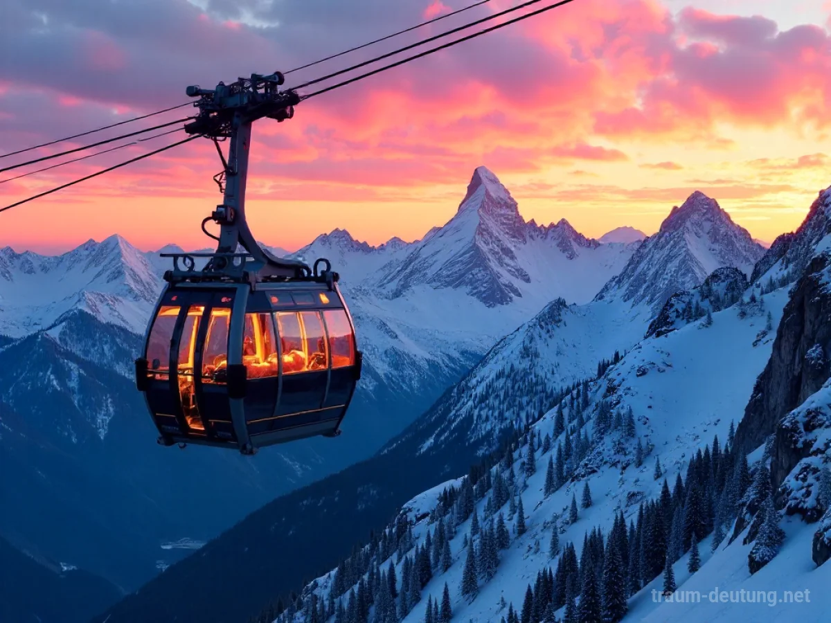 Traumdeutung Bergbahn: Eine moderne Bergbahn fährt bei Sonnenuntergang einen schneebedeckten Berg hinauf, vor einem dramatischen Himmel.