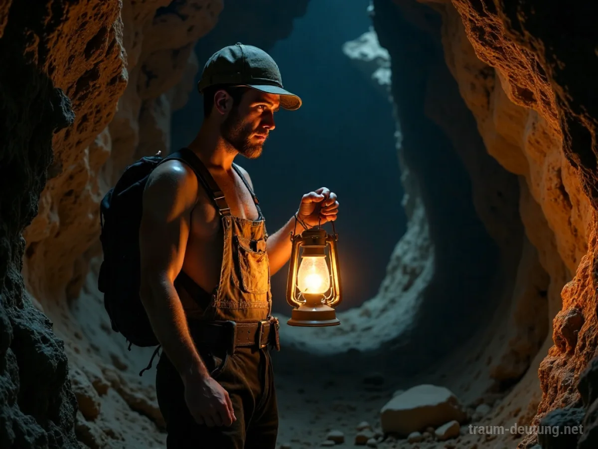 Traumsymbol Bergmann: Ein einsamer, wettergegerbter Bergmann steht in einer schwach beleuchteten Höhle und hält eine flackernde Laterne, während Staubpartikel im Lichtstrahl tanzen.