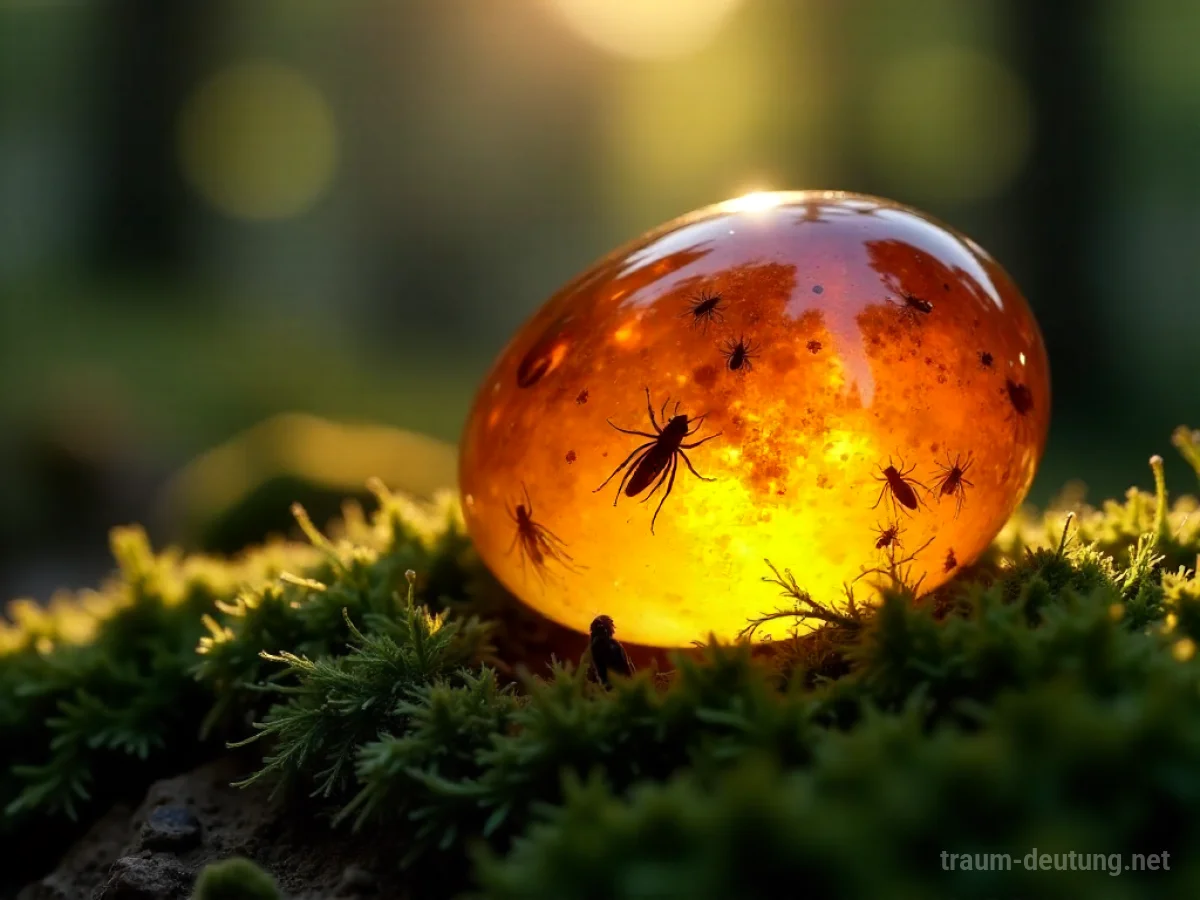 Traumsymbol Bernstein: Ein leuchtendes Stück Bernstein mit eingeschlossenen Insekten liegt auf Moos, beleuchtet von warmem Licht.