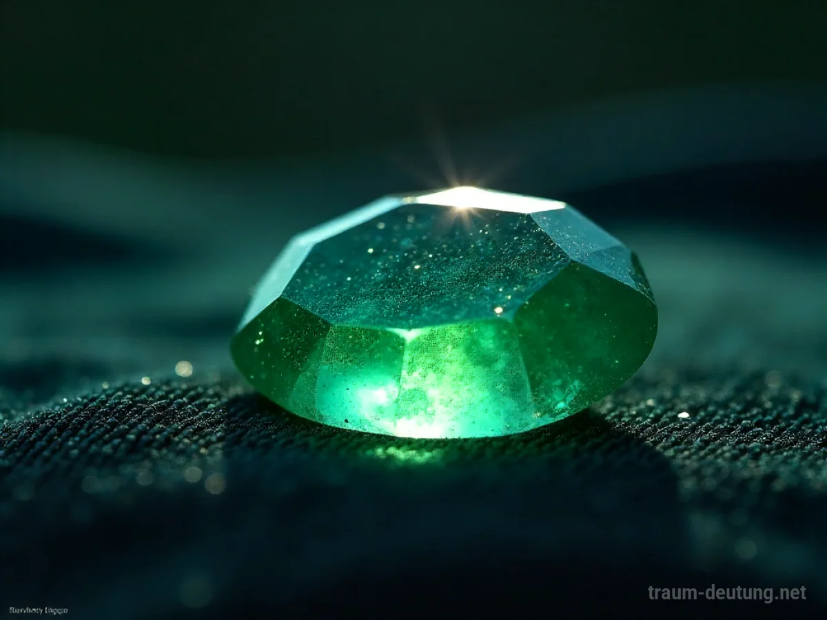 Traumsymbol Beryll: Ein klarer, grünlicher Beryllstein ruht auf dunklem Samt, beleuchtet von sanftem Mondlicht, das schimmernde Reflexionen wirft.