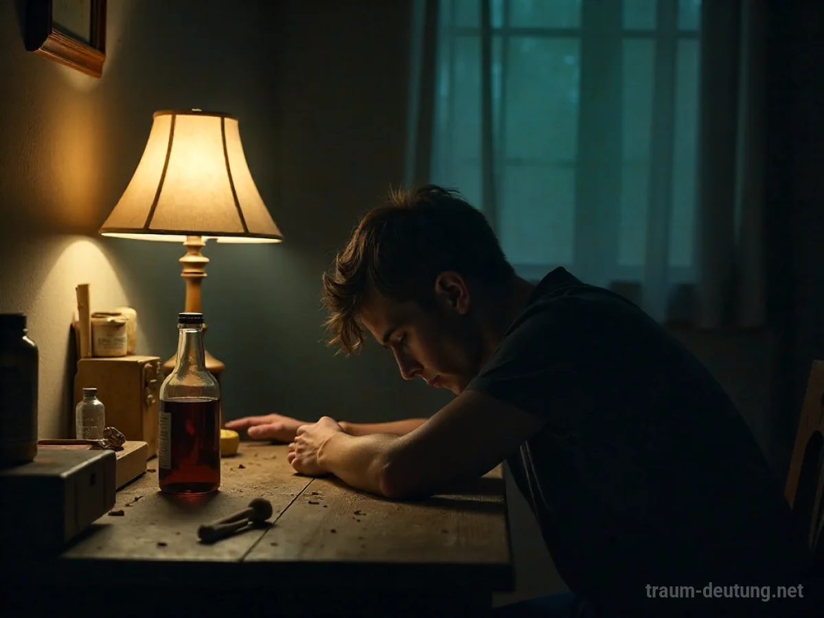 Traumsymbol Besoffen: Eine Person sitzt in einem dämmrigen Raum mit leerer Flasche, umgeben von Schatten und Melancholie.