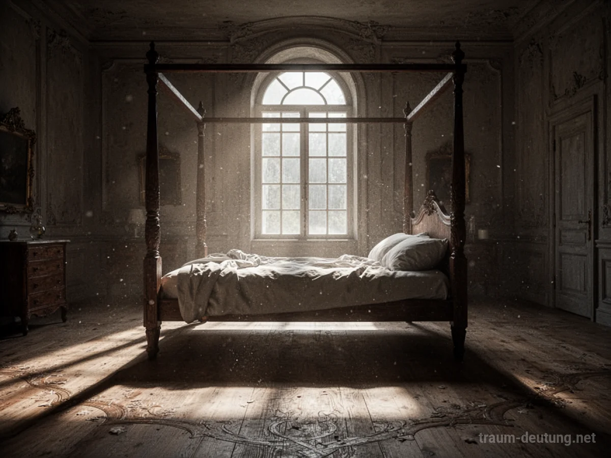 Traumsymbol Bett: Ein leeres Himmelbett in einem mondbeschienenen, antiken Schlafzimmer mit langen Schatten und einer ruhigen Atmosphäre.