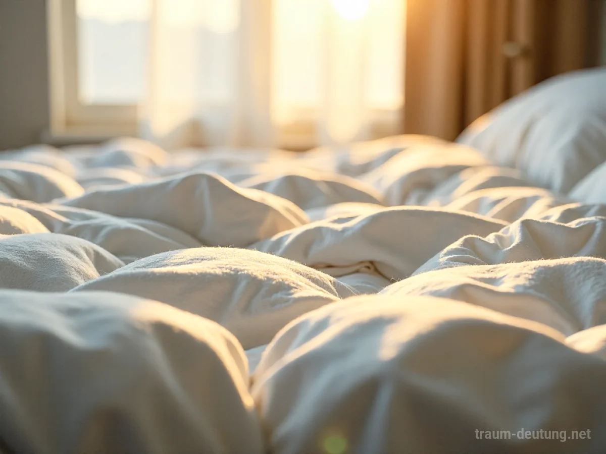 Traumsymbol Bettdecke: Eine weiche, weiße Bettdecke liegt unberührt auf einem aufgeschlagenen Bett, beleuchtet von sanftem Morgenlicht.