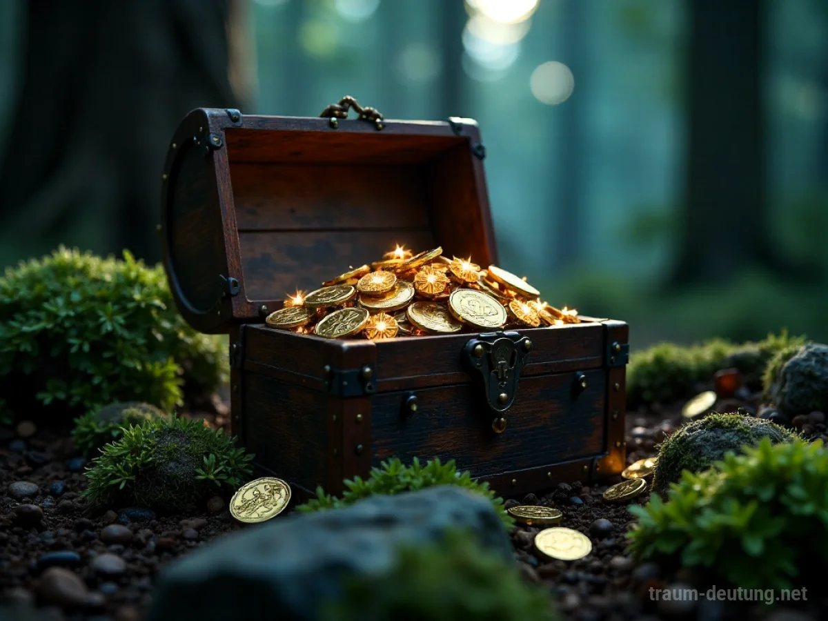 Traumsymbol Beute: Ein Schatz aus Goldmünzen und Juwelen quillt aus einer alten Holztruhe, beleuchtet von Mondlicht im dunklen Wald.