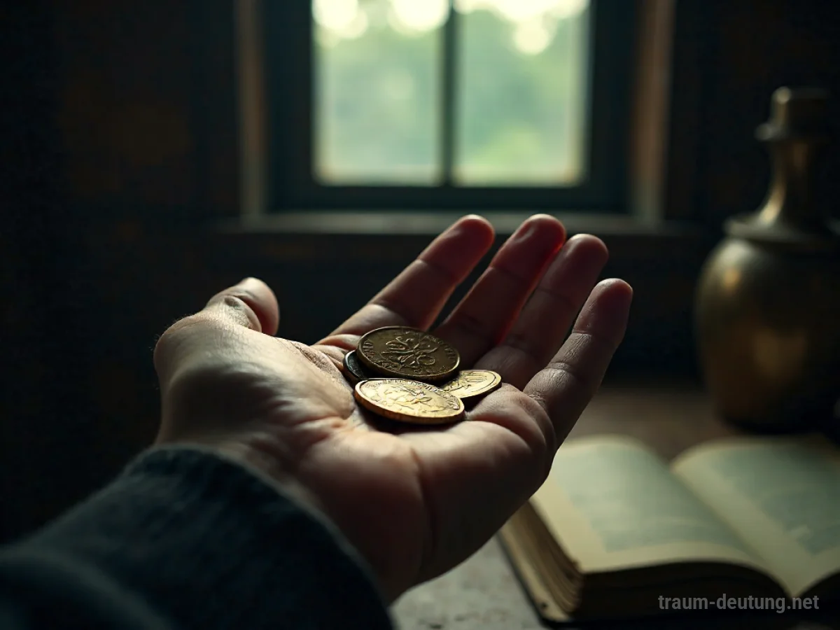 Traumsymbol Bezahlen: Eine Hand hält alte Münzen im Mondlicht, vor einem antiken Schreibtisch mit Büchern.