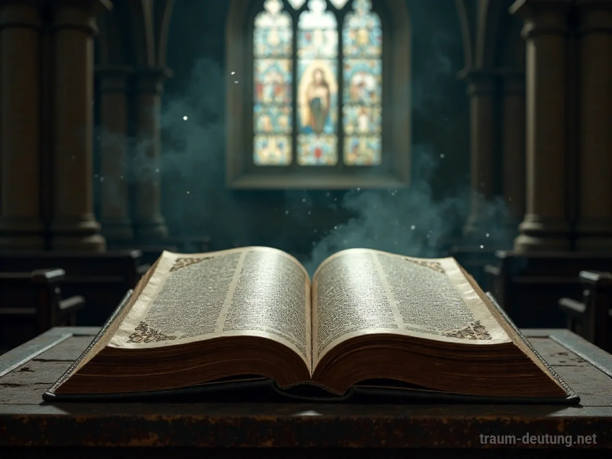 Traumdeutung Bibel: Eine geöffnete, antike Bibel liegt auf einem Lesepult in einer schattigen Kathedrale, beleuchtet von einem Mondstrahl.