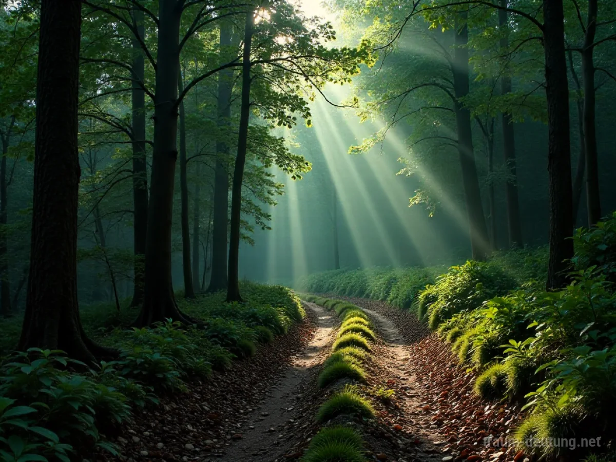 Traumsymbol Biegung: Ein gewundener, unbefestigter Waldweg verschwindet hinter einer scharfen Kurve in dichten, nebligen Wäldern mit spärlichem Sonnenlicht.