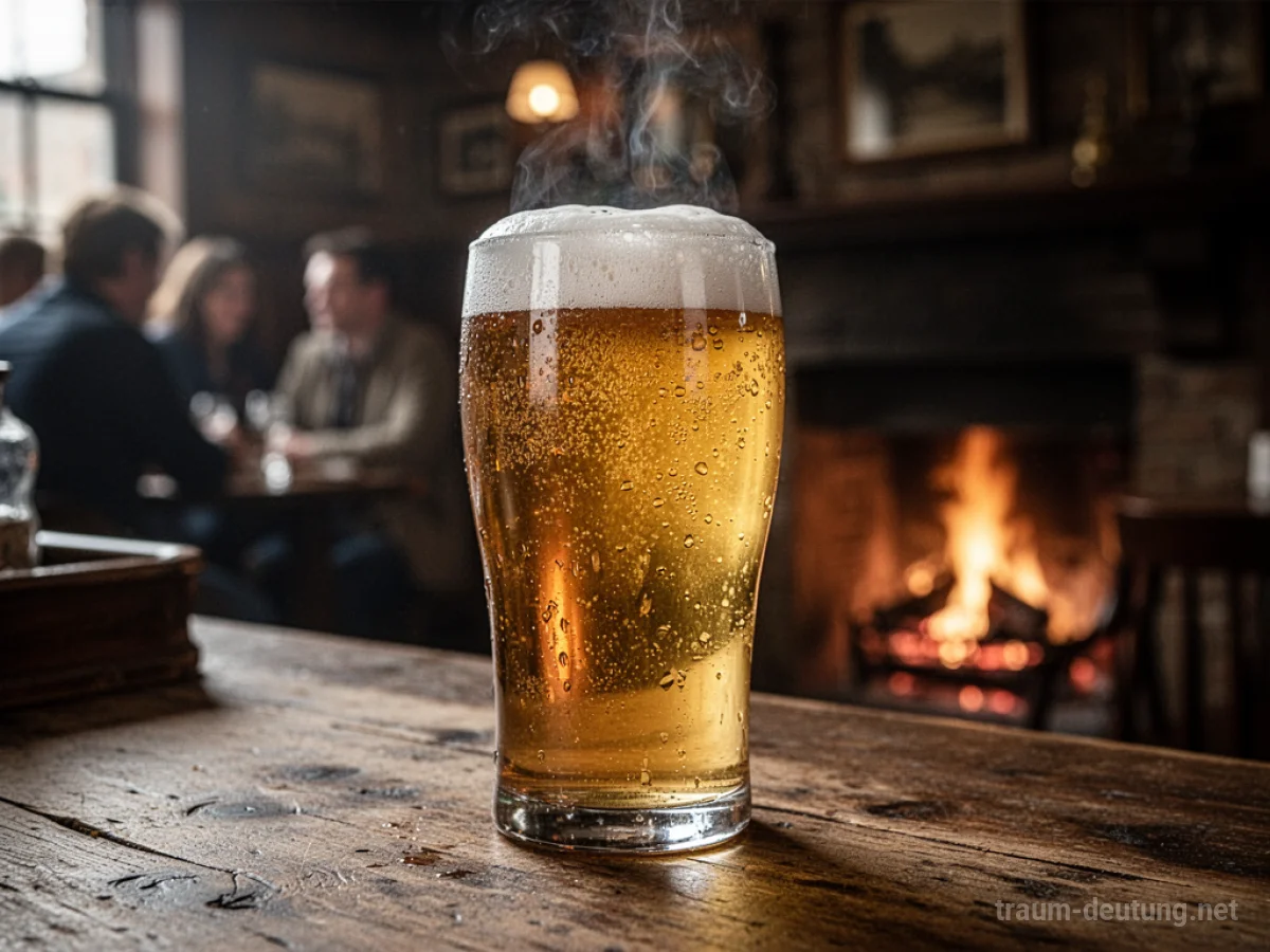 Traumsymbol Bier: Ein perfekt gezapftes Glas goldenes Bier steht auf einer rustikalen Holzbar, beleuchtet von warmem Kaminlicht in einer gemütlichen Kneipe.