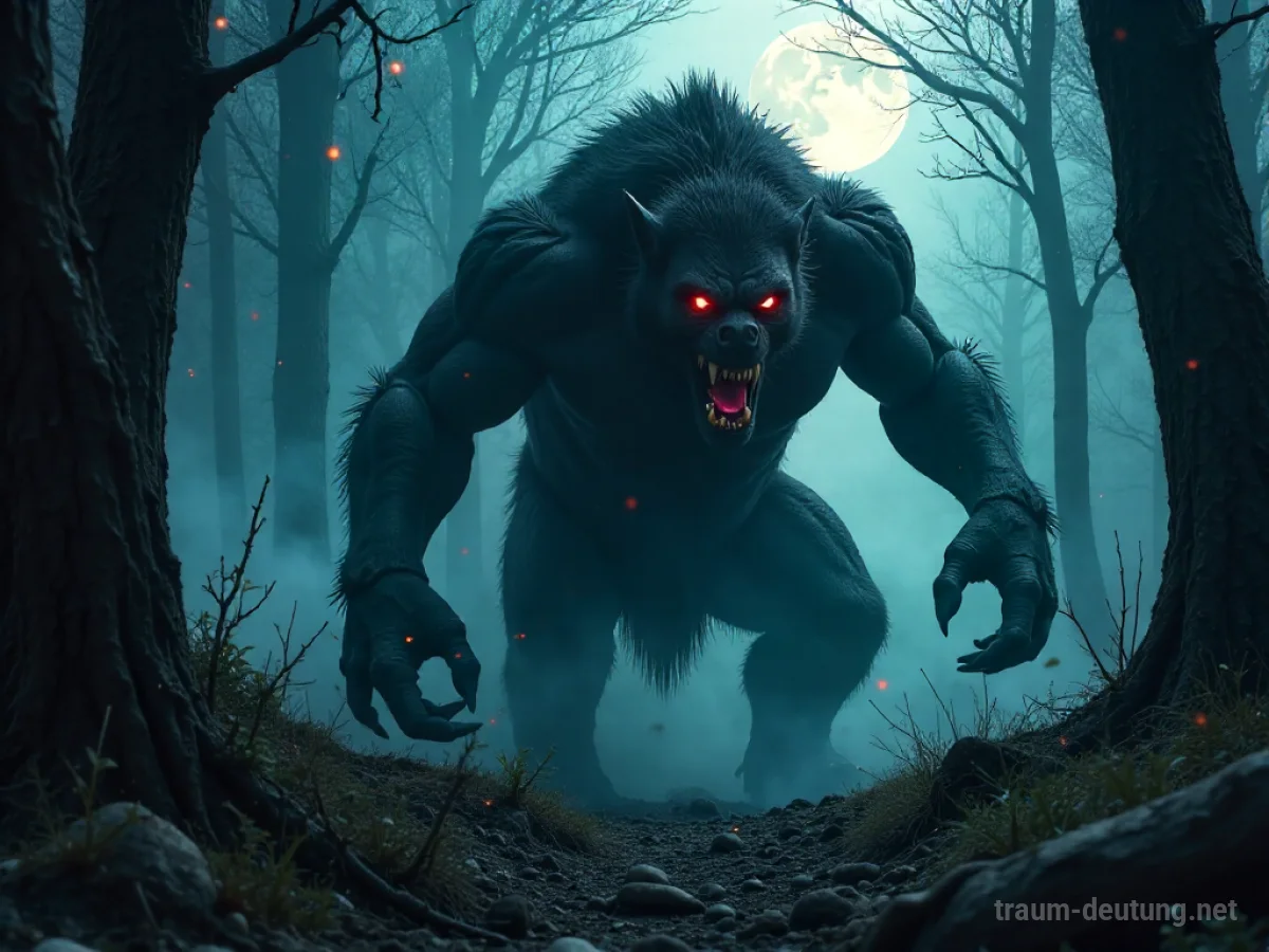 Traumsymbol Biest: Ein monströses, schattenhaftes Wesen mit glühenden roten Augen tritt aus einem dunklen, alten Wald hervor, umgeben von Nebelschwaden und spärlichem Mondlicht.