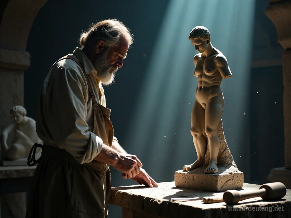 Traumsymbol Bildhauer: Ein erfahrener Bildhauer arbeitet konzentriert an einer unfertigen Marmorstatue in seiner staubigen Werkstatt, beleuchtet von einem einzelnen Lichtstrahl.