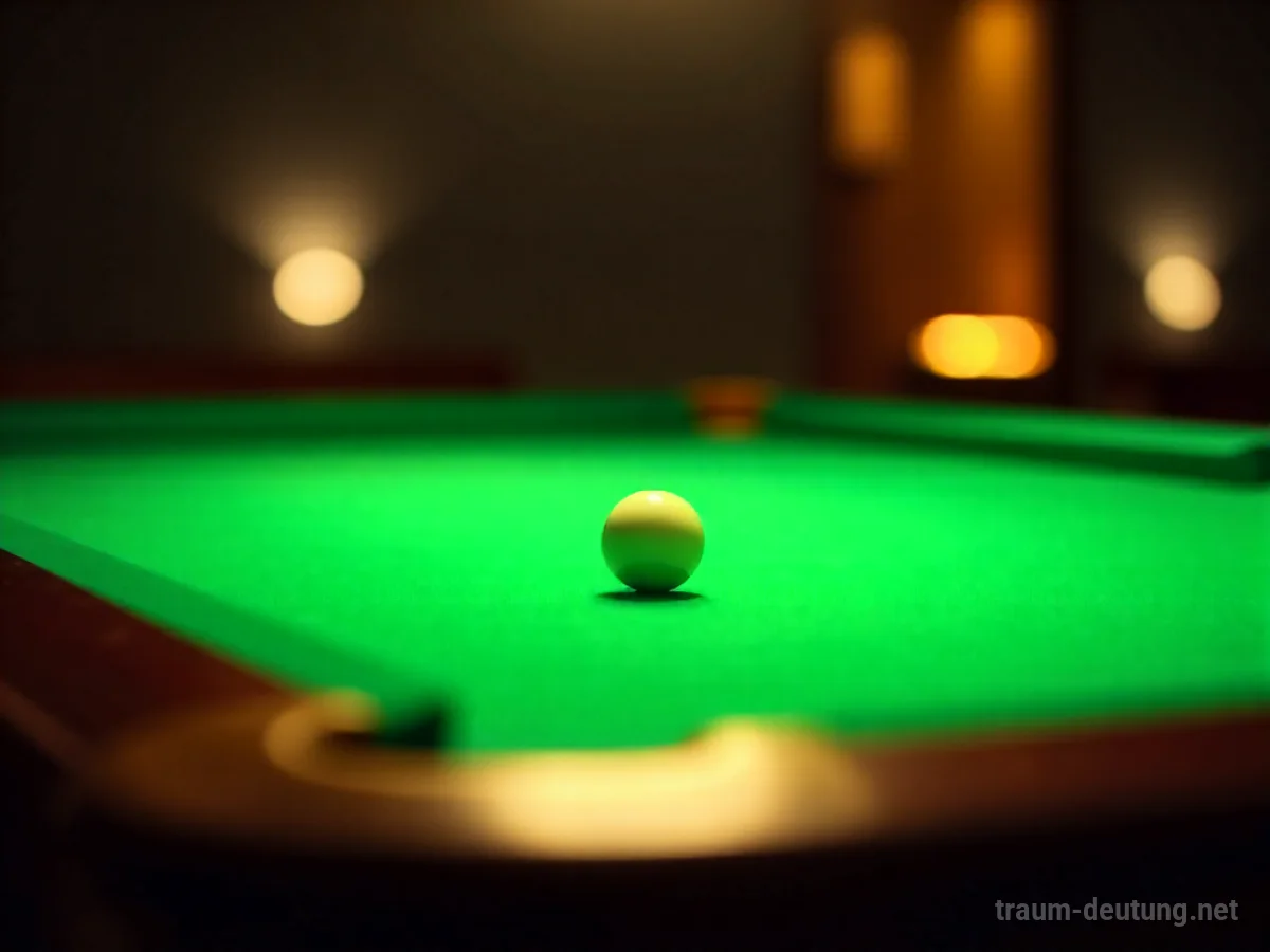 Traumdeutung Billard: Eine weiße Billardkugel liegt auf einem grünen Filztisch in einem gedämpft beleuchteten Raum, bereit für den nächsten Stoß.