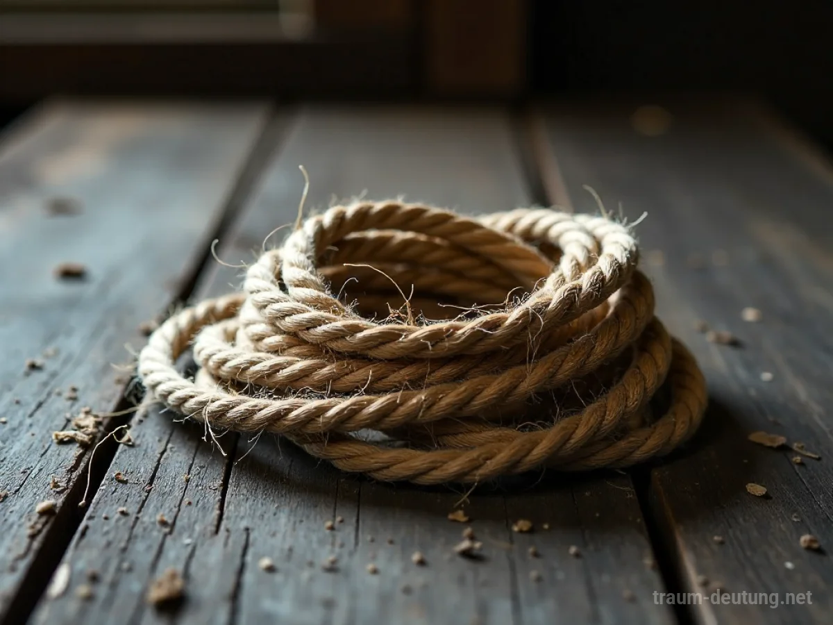 Traumsymbol Bindfaden: Ein dicker, natürlicher Jute-Bindfaden liegt auf einem dunklen Holztisch, beleuchtet von sanftem Licht.