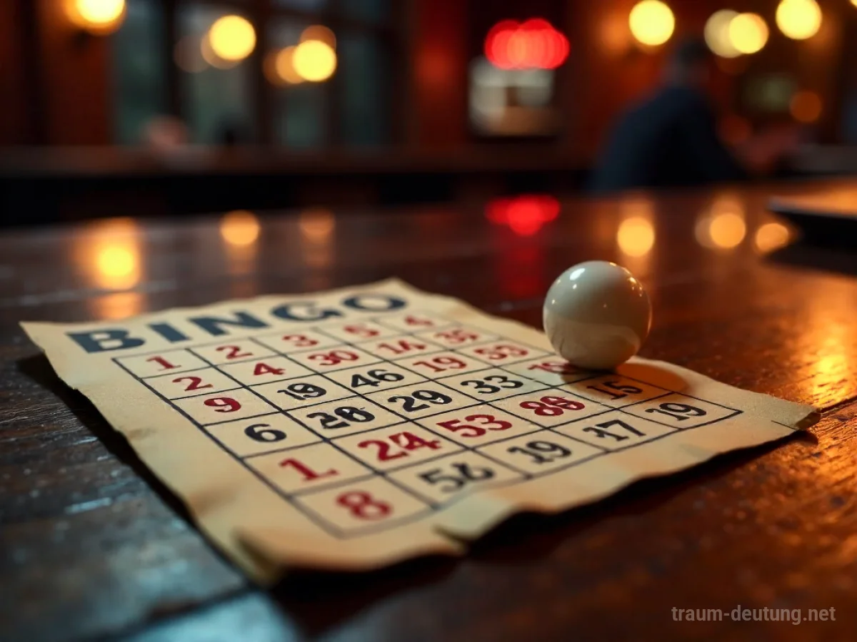 Traumsymbol Bingo: Eine alte Bingokarte mit roten Markierungen liegt auf einem Holztisch, daneben eine glänzende Bingokugel im Scheinwerferlicht.