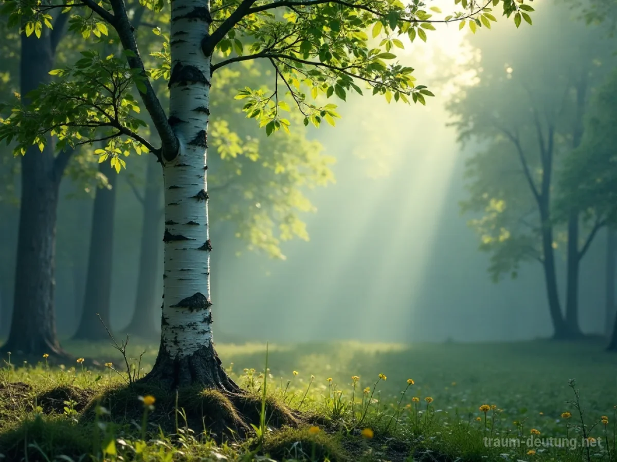 Traumsymbol Birke: Eine einzelne, schlanke Birke steht in einer nebligen Waldlichtung im sanften Morgenlicht, umgeben von Moos und frischem Grün.