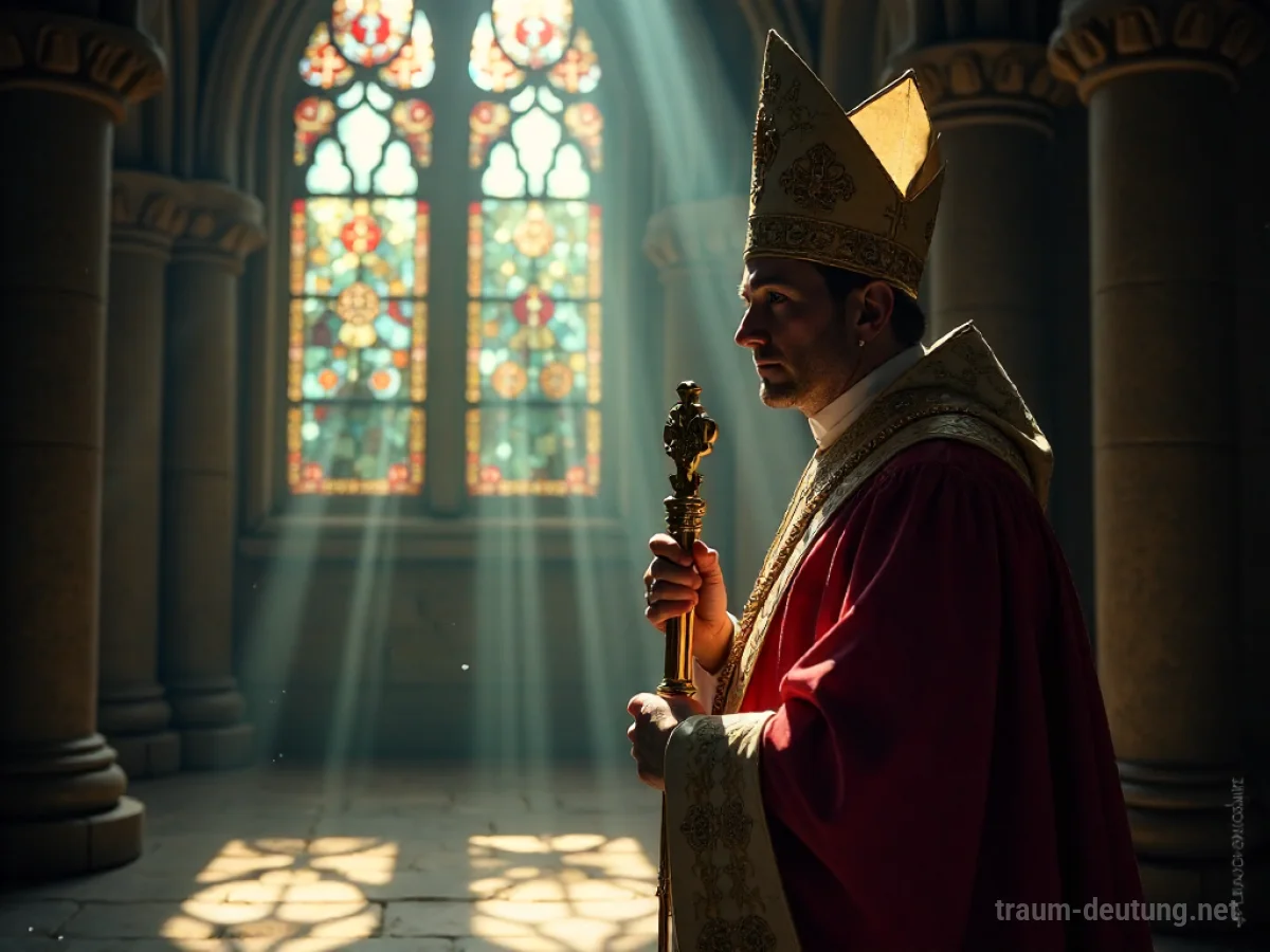 Traumdeutung Bischof: Ein Bischof in voller Amtstracht steht feierlich in einer düsteren, alten Kathedrale, beleuchtet von mystischem Licht durch ein Buntglasfenster.