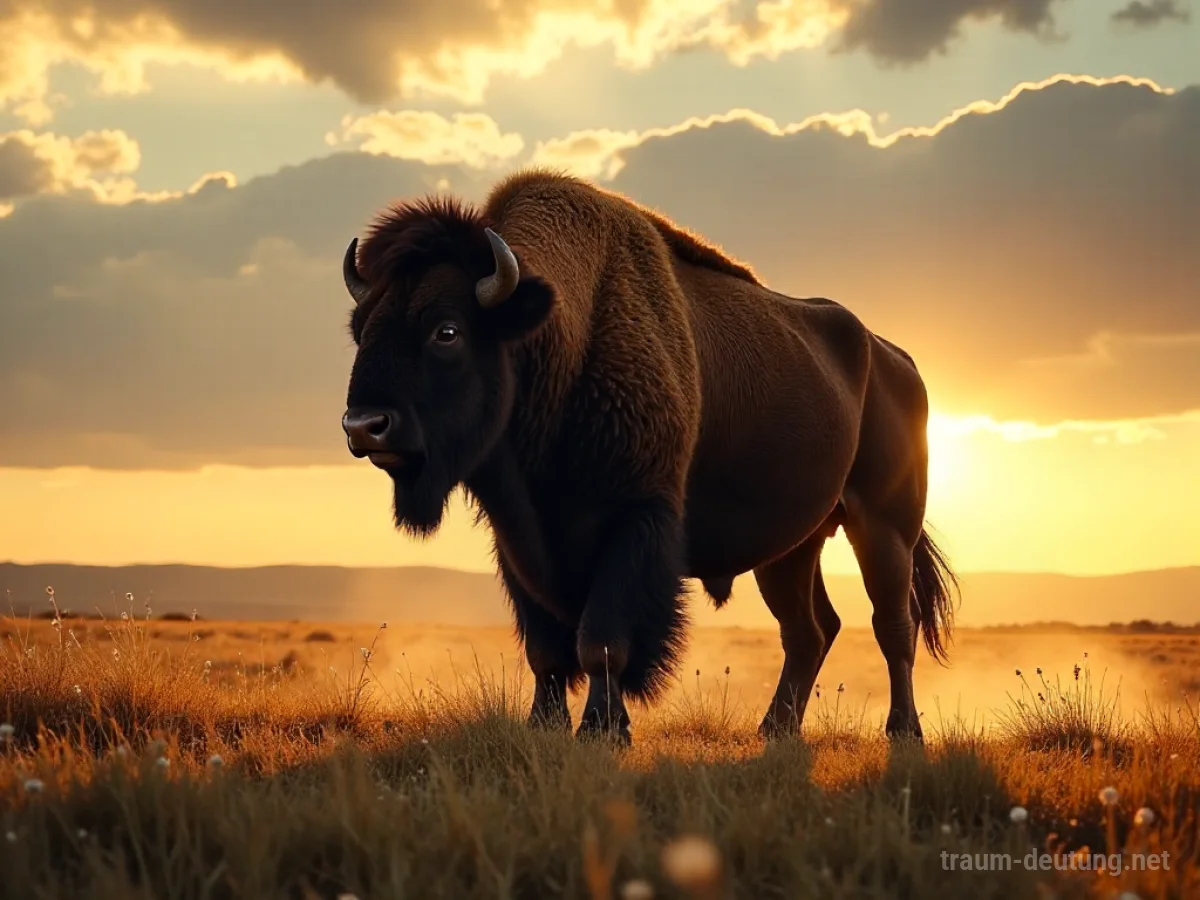 Traumsymbol Bison: Ein mächtiger Bison steht auf einer weiten Prärie unter einem dramatischen Himmel, beleuchtet vom warmen Licht der goldenen Stunde.
