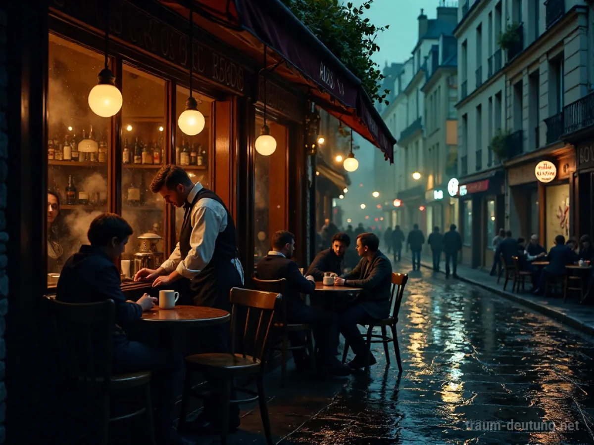 Traumsymbol Bistro: Ein stimmungsvoll beleuchtetes Pariser Bistro bei Nacht mit Regentropfen auf der Fensterscheibe und wenigen Gästen im Inneren.