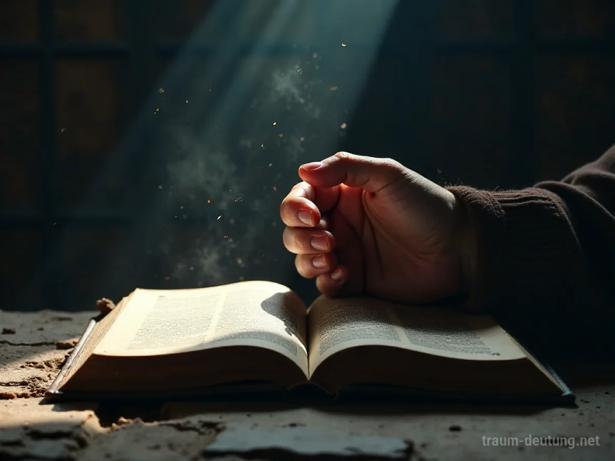 Traumdeutung Bitte: Eine einzelne, verwitterte Hand in einer flehenden Geste, beleuchtet von einem Mondstrahl in einer alten Bibliothek, symbolisiert das Traumsymbol Bitte.
