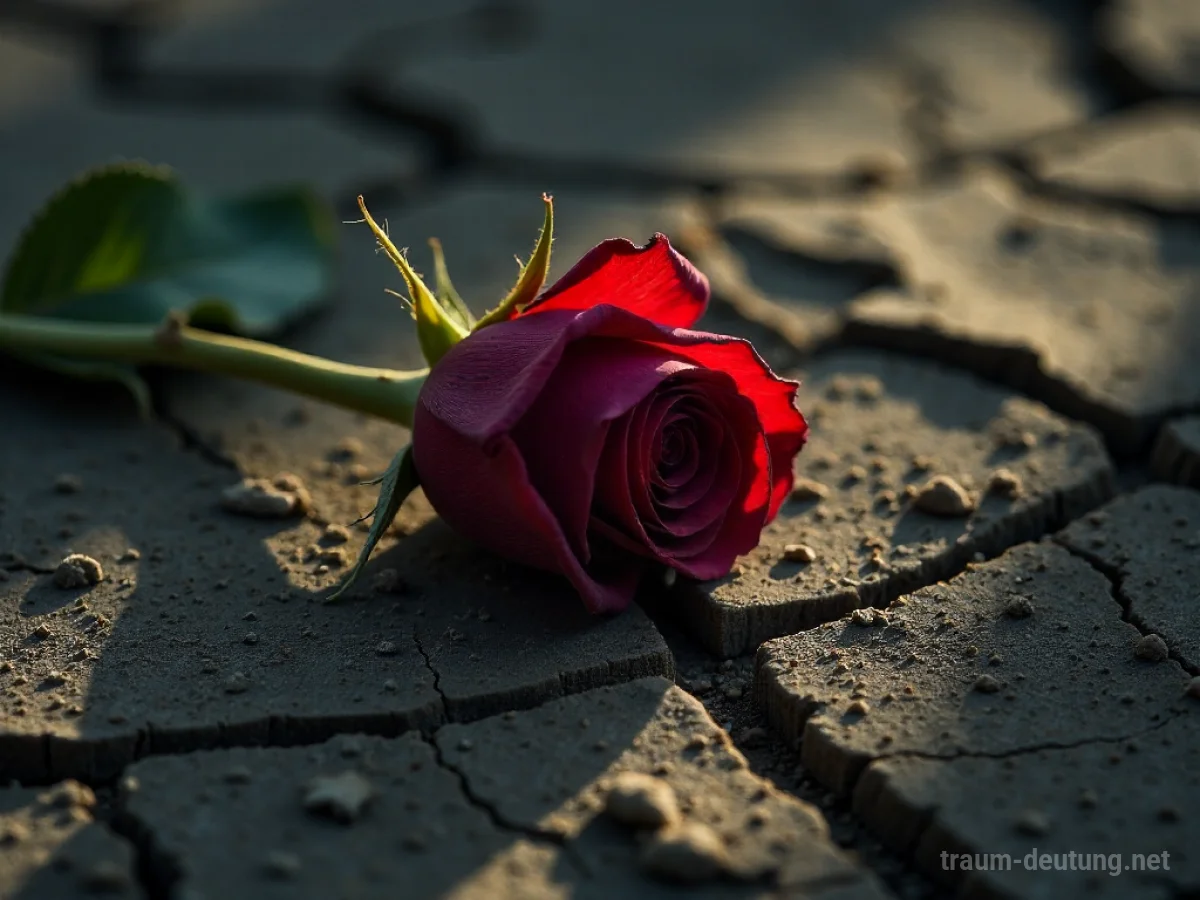 Traumsymbol Bitternis: Eine einzelne, verwelkte dunkelrote Rose liegt auf rissiger, trockener Erde im fahlem Mondlicht.