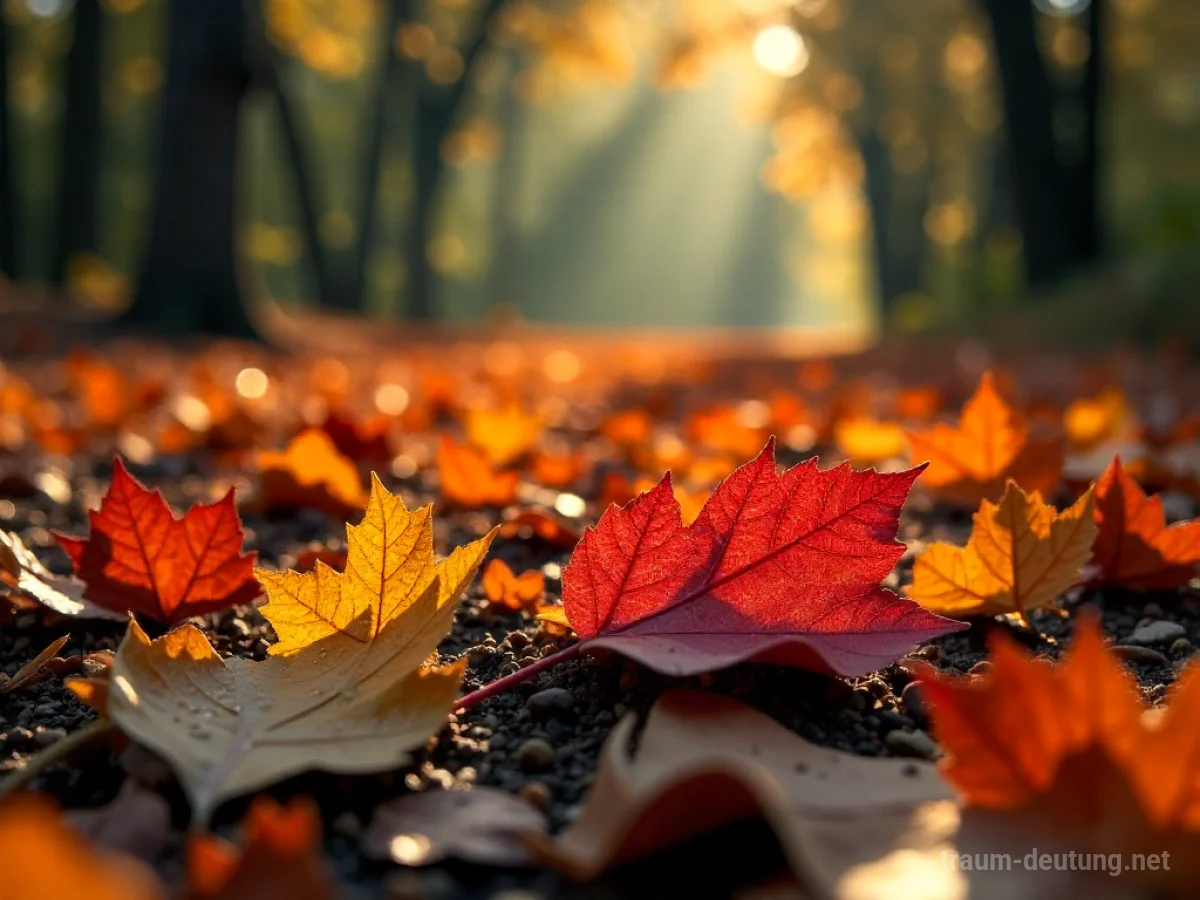 Traumsymbol Blätter: Herbstlaub in Rot-, Orange- und Gelbtönen liegt auf feuchtem Waldboden, beleuchtet von gefiltertem Sonnenlicht.