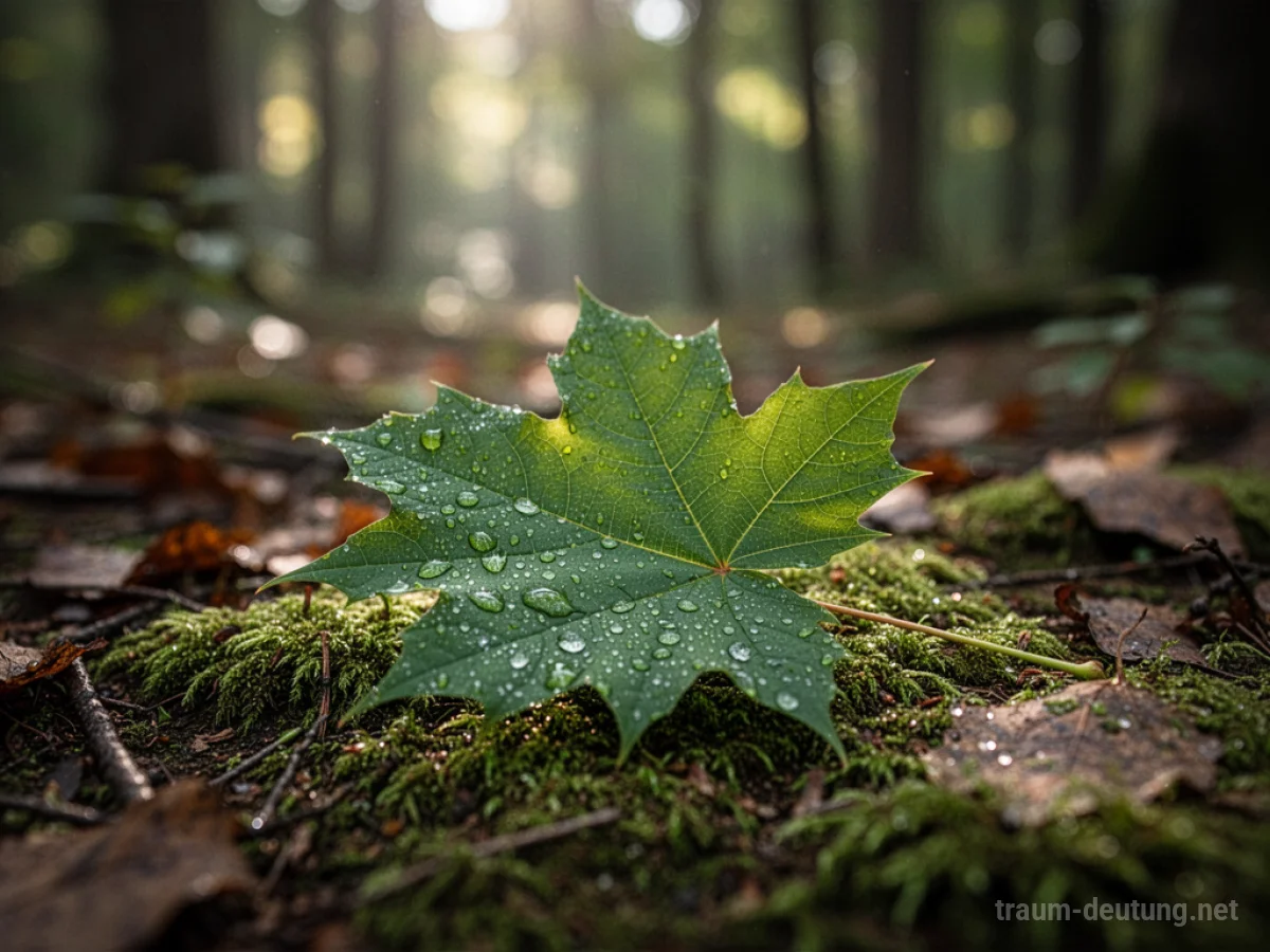 Traumsymbol Blatt: Ein grünes Blatt mit Tautropfen liegt auf moosbedecktem Waldboden im sanften Licht.