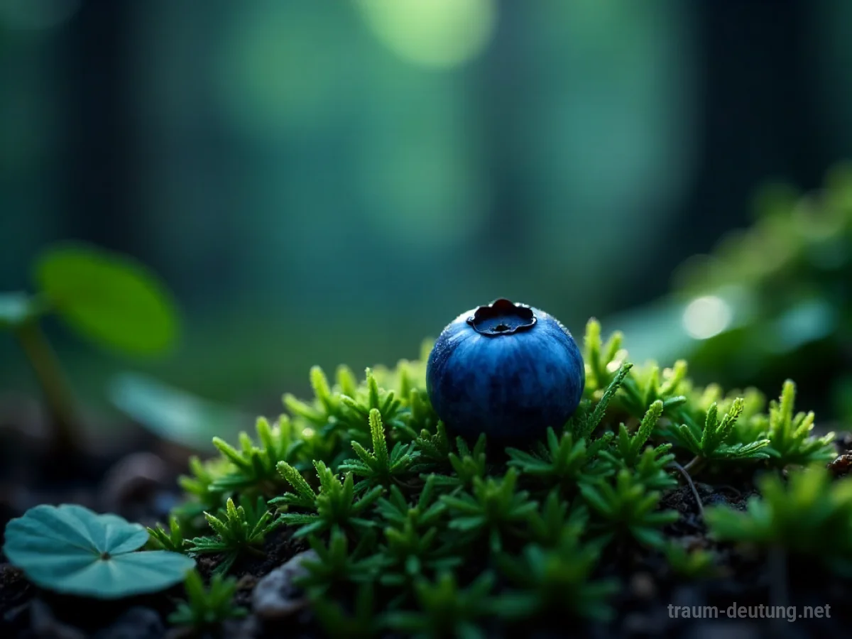 Traumsymbol Blaubeere: Eine reife, glänzende Blaubeere liegt auf feuchtem Waldboden, beleuchtet von sanftem Mondlicht, umgeben von Moos und Blättern.