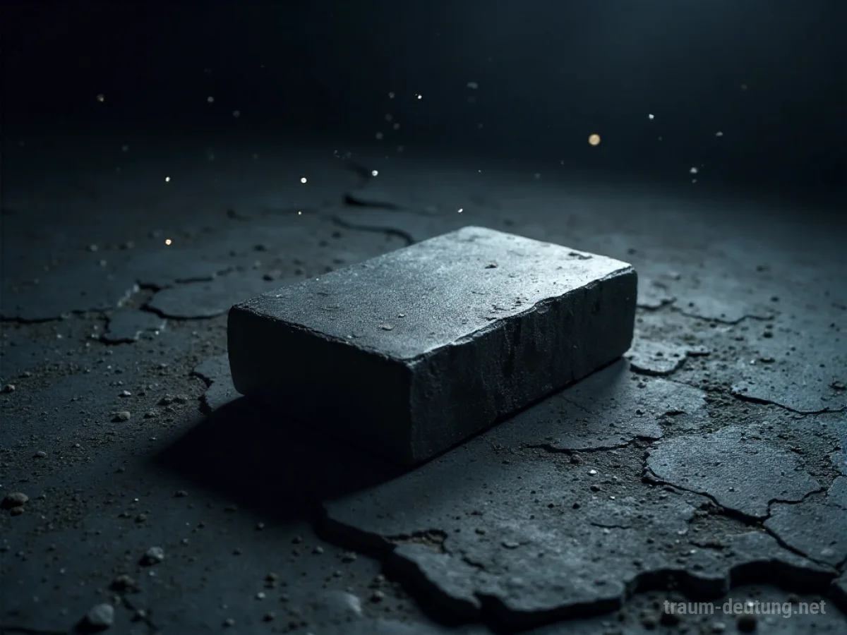 Traumsymbol Blei: Ein schwerer, matter grauer Blei-Barren liegt auf einer dunklen Steinplatte, beleuchtet von einem Spotlicht mit tiefen Schatten.