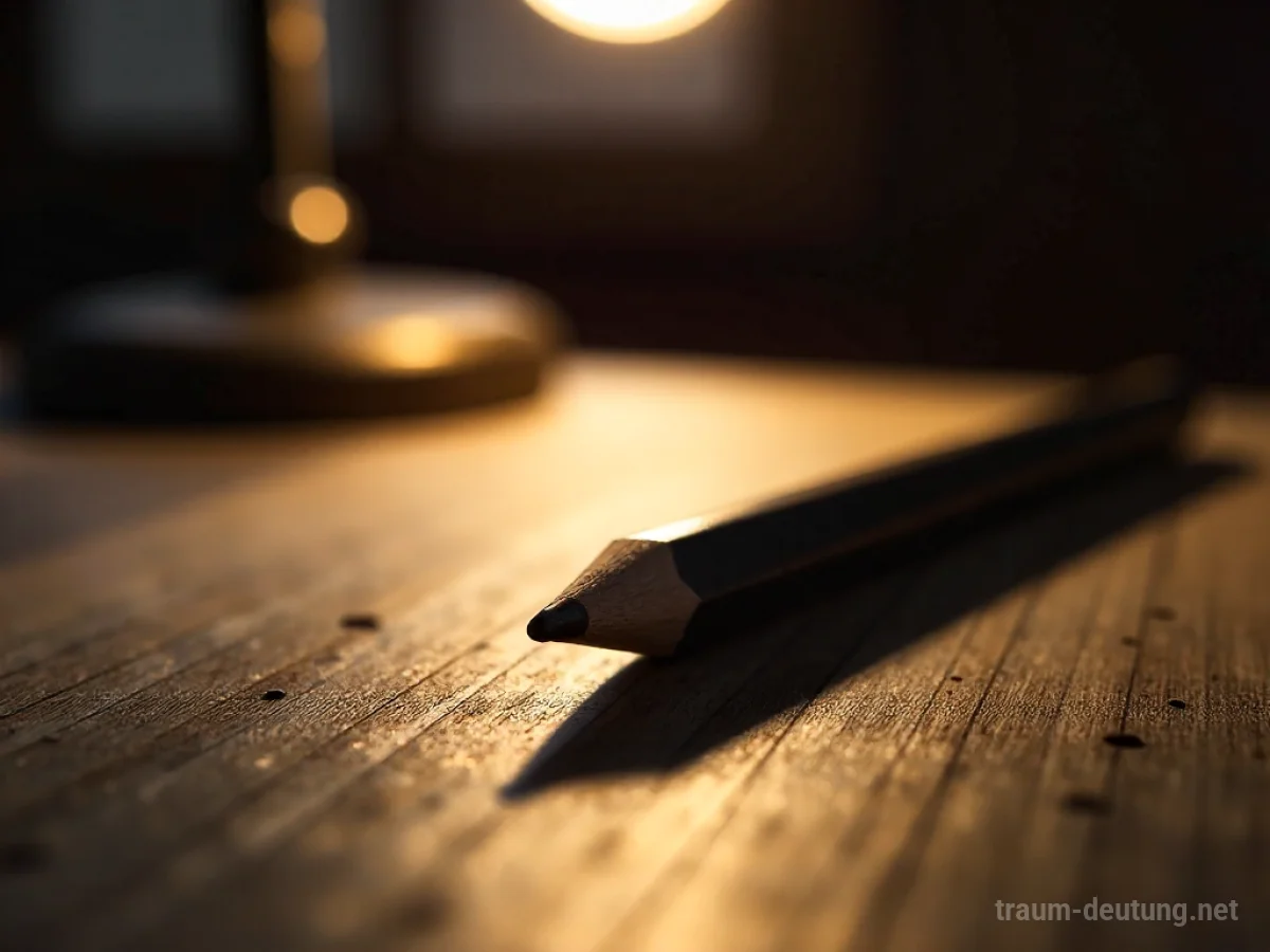 Traumsymbol Bleistift: Ein scharfer Bleistift liegt auf einem alten Holzschreibtisch, beleuchtet von warmem Lampenlicht.