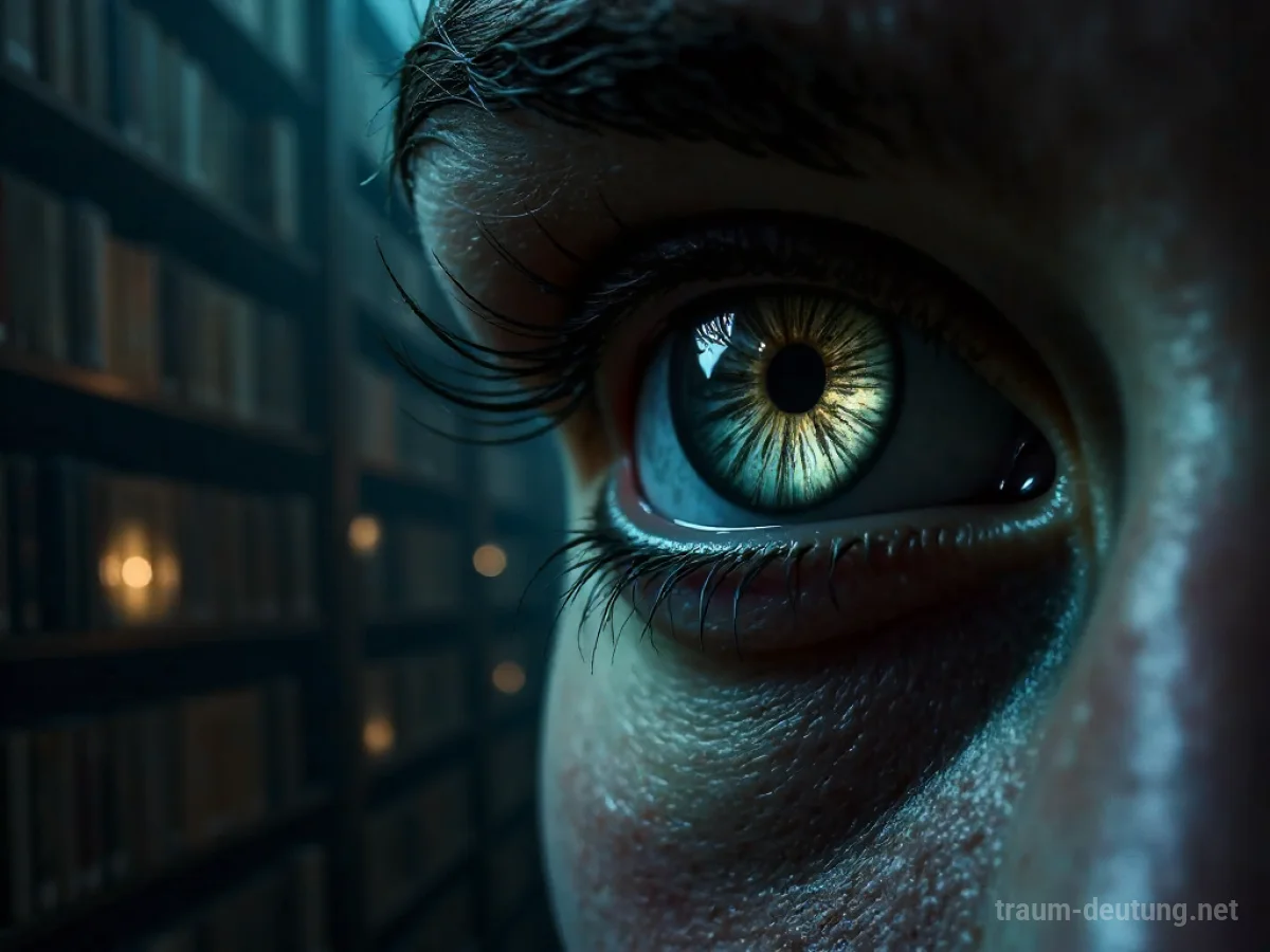 Traumdeutung Blick: Ein intensiver menschlicher Blick aus einem Auge, das eine dunkle, mondbeschienene Bibliothek voller Bücher reflektiert.