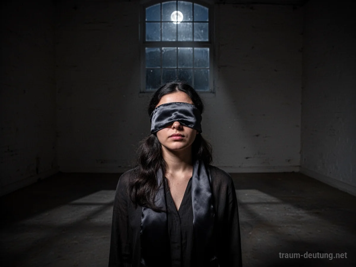 Traumsymbol Blind: Eine Person steht mit verbundenen Augen in einem schattigen Raum, beleuchtet von einem einzelnen Mondstrahl.