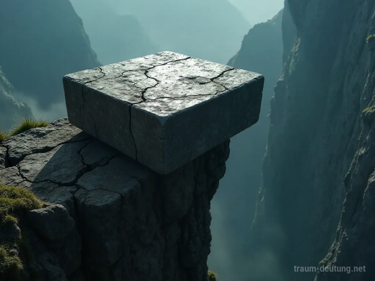 Traumsymbol Block: Ein massiver, grob behauener Steinblock ruht auf einem schmalen, bröckelnden Felsvorsprung über einem dunklen Abgrund, beleuchtet von dramatischer Tiefenbeleuchtung.