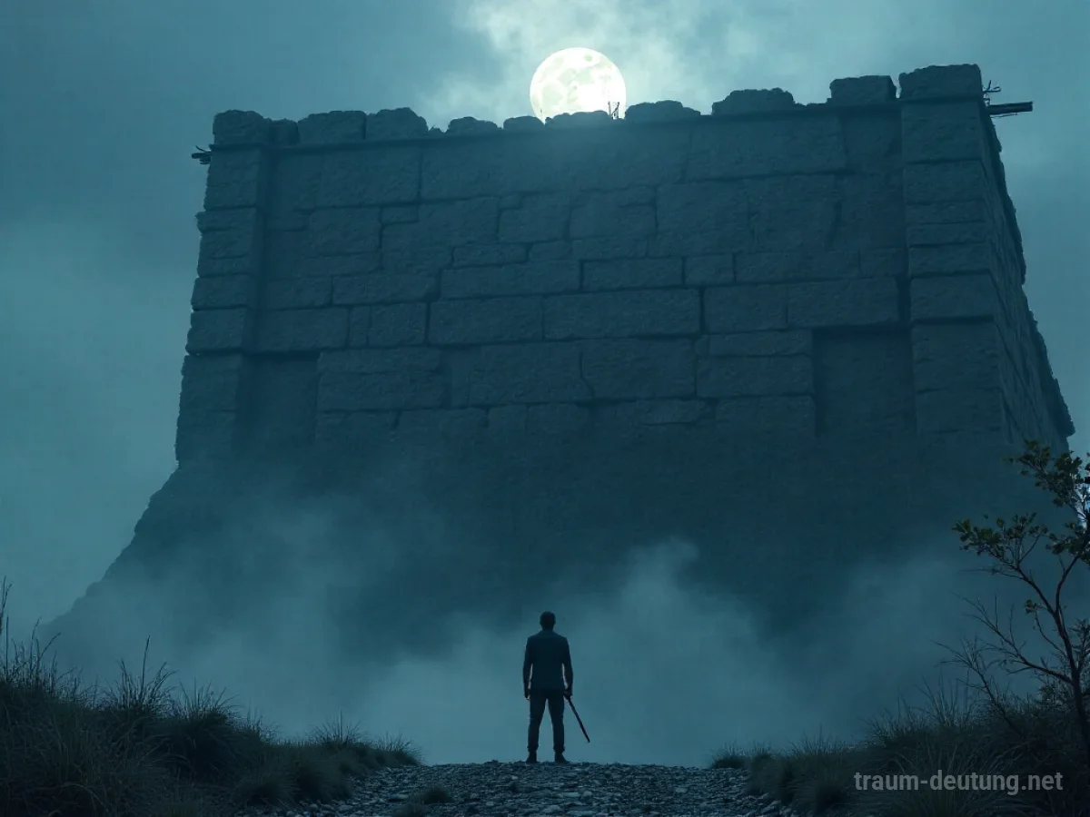 Traumsymbol Blockade: Eine riesige, raue Steinmauer ragt aus einer nebligen Landschaft auf, vor der eine schemenhafte menschliche Figur steht, beleuchtet von dramatischem Mondlicht.